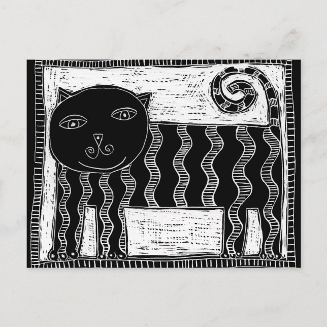 Randig svart-vit kattillustration vykort (Framsida)