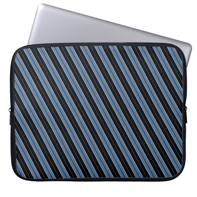 Randiga blå svart vit diagonala ränder laptop fodral (Framsidan)