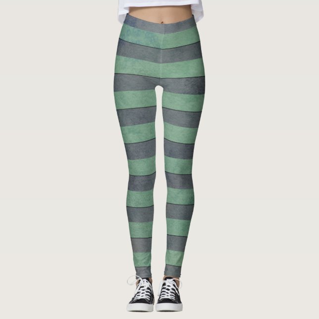 Randiga gröna och mörkgrå leggings (Framsida)
