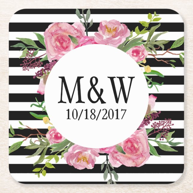 Randiga och blommande anpassade pappersunderlägg underlägg papper kvadrat (Framsidan)