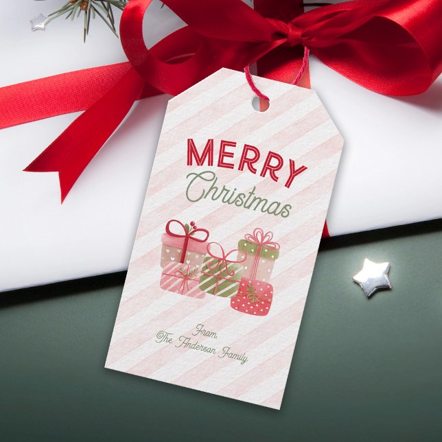 Randiga vattenfärg gåvor God Jul Presentetikett (Skapare uppladdad)