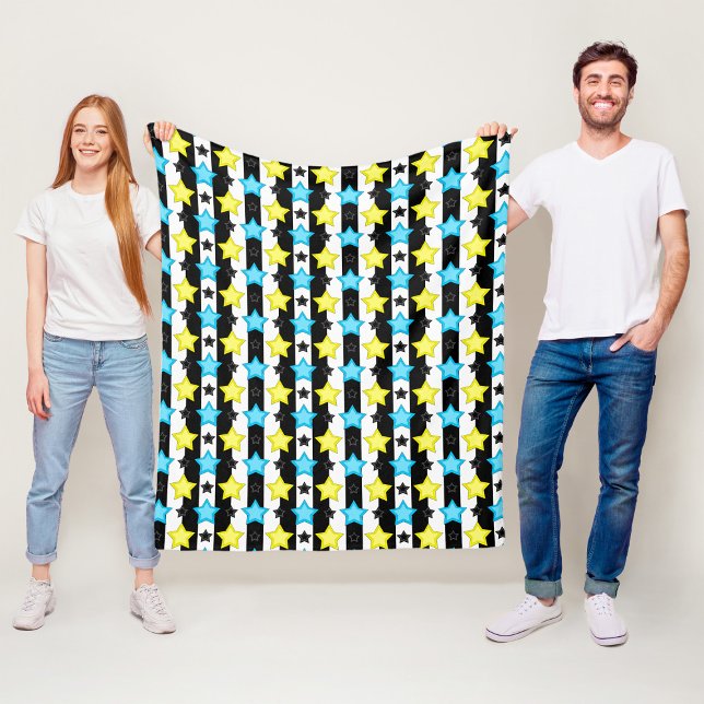 Randigt Blått Gult Stjärnmönster Design  Fleecefilt (Skapare uppladdad)