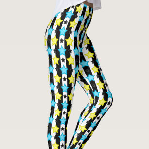 Randigt Blått Gult Stjärnmönster Design Leggings