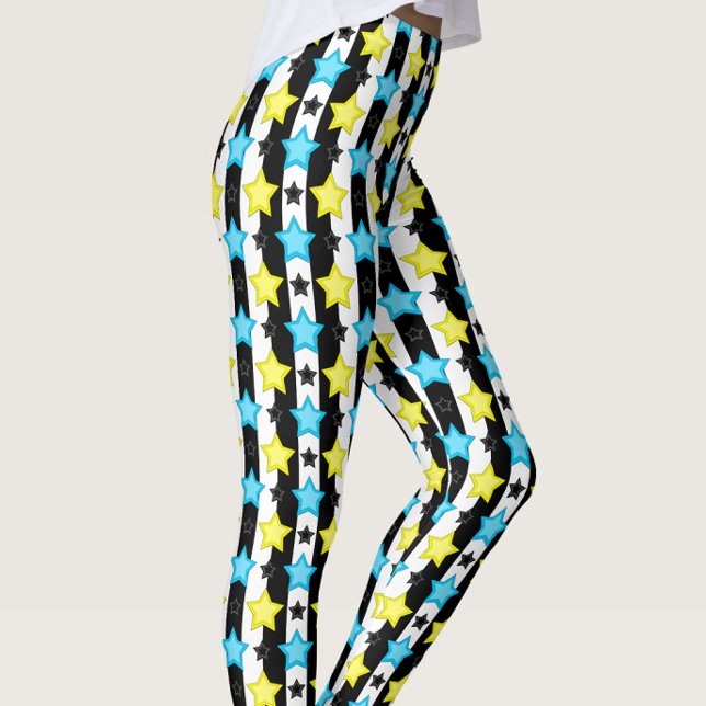 Randigt Blått Gult Stjärnmönster Design  Leggings (Skapare uppladdad)