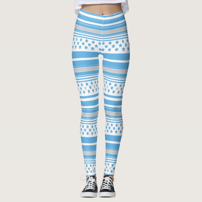 Randigt himmelsblått mönster med stjärnor leggings (Framsida)