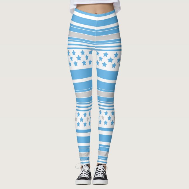 Randigt himmelsblått mönster med stjärnor leggings (Framsida)