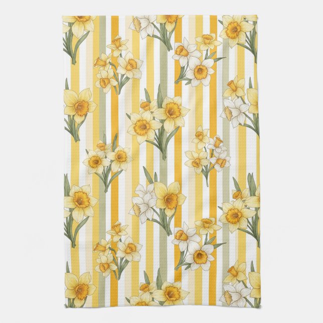 Randigt narcissblommönster (1) kökshandduk (Vertikal)