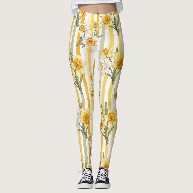 Randigt narcissblommönster leggings (Framsida)