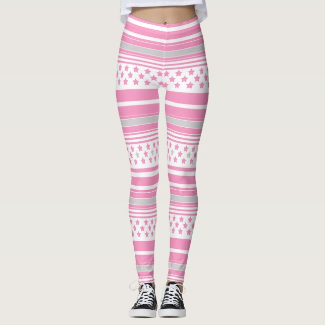 Randigt rosa mönster med stjärnor leggings (Framsida)