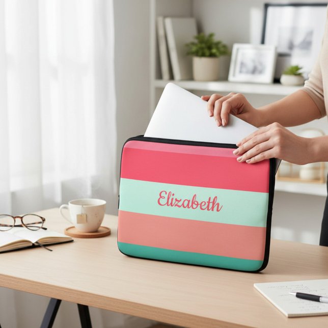 Randigt rosa och grönt färgblock laptop fodral (Skapare uppladdad)