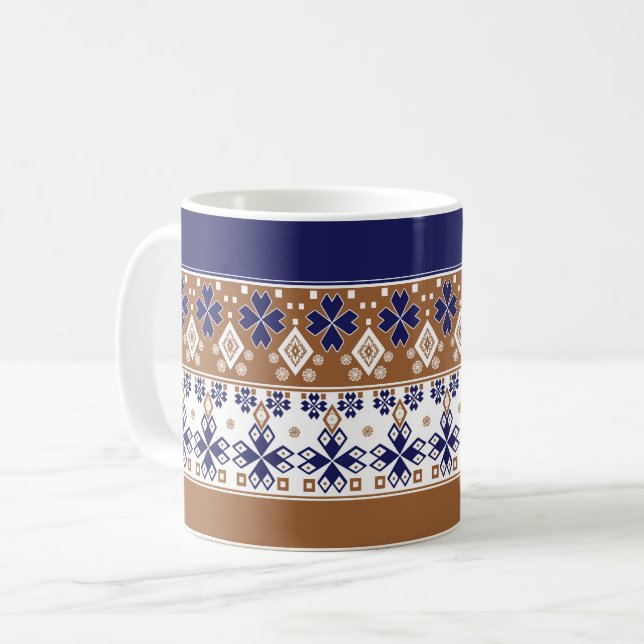 Randigt skandinaviskt mönster brunt blått kaffemugg (Framsida vänster)