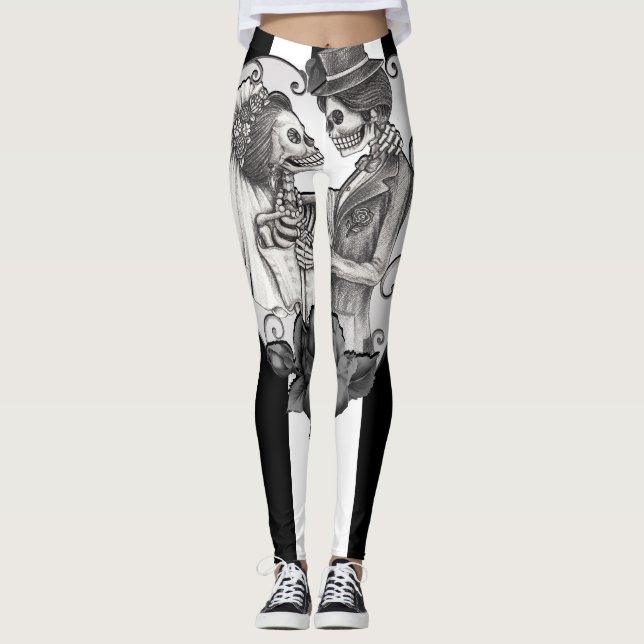 Randigt Skelett Kärlekspar Äktenskap Dans Leggings (Framsida)