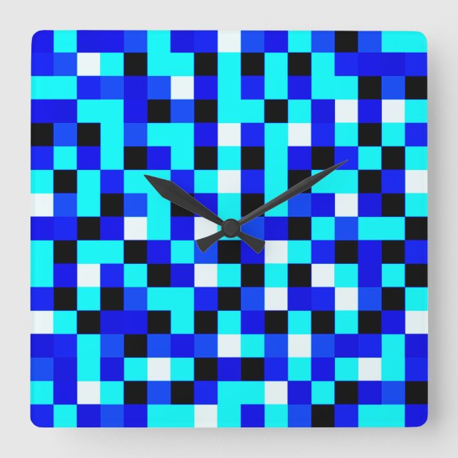 Random Checkated Pixel Art - Blue & White Fyrkantig Klocka (Framsida)