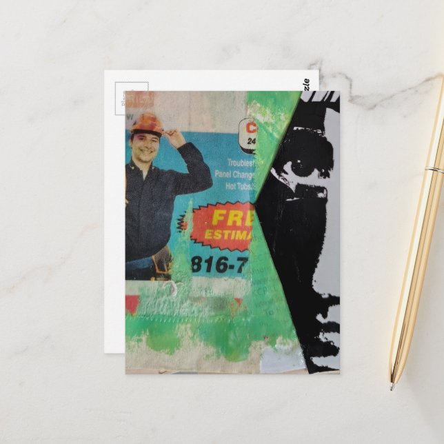 Random Collage Working Man and a Face Vykort (Fram/Back In Situ)