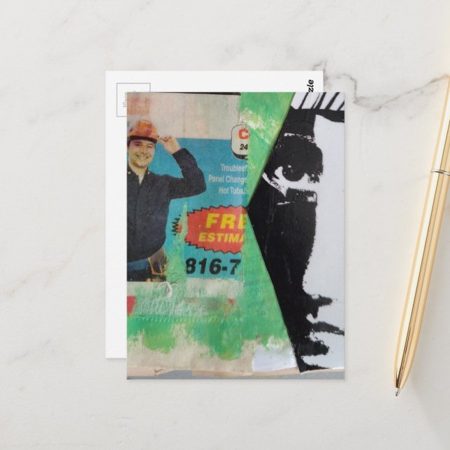 Random Collage Working Man and a Face Vykort (Fram/Back In Situ)