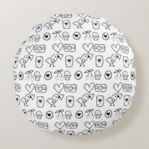 Random Doodles Birds, Hearts och Cherry Mönster Rund Kudde
