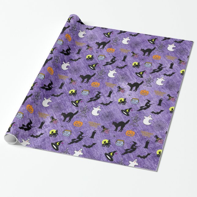 Random Halloween Iconic Mönster Lila Presentpapper (Utrullad)