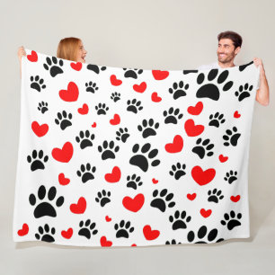 Random Hund Tass avtryck och Red Hearts Fleecefilt