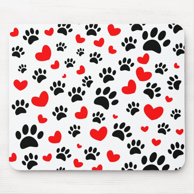 Random Hund Tass avtryck och Red Hearts Musmatta (Framsidan)