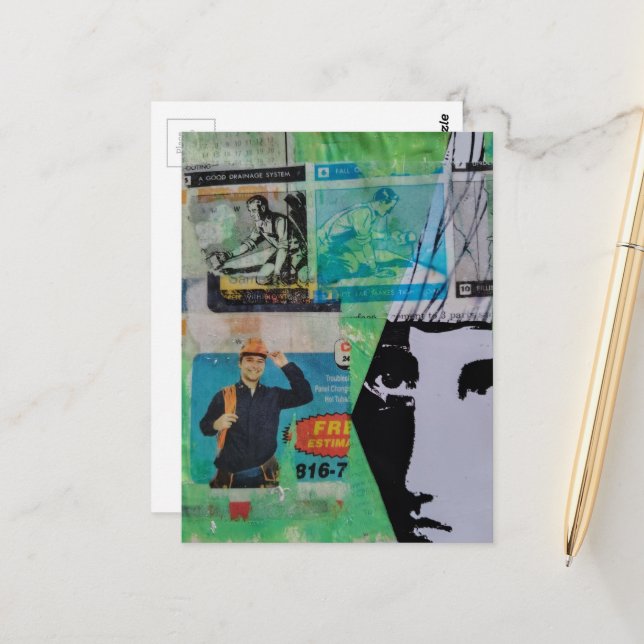 Random Mixed Media Collage Working Men and a Face Vykort (Fram/Back In Situ)