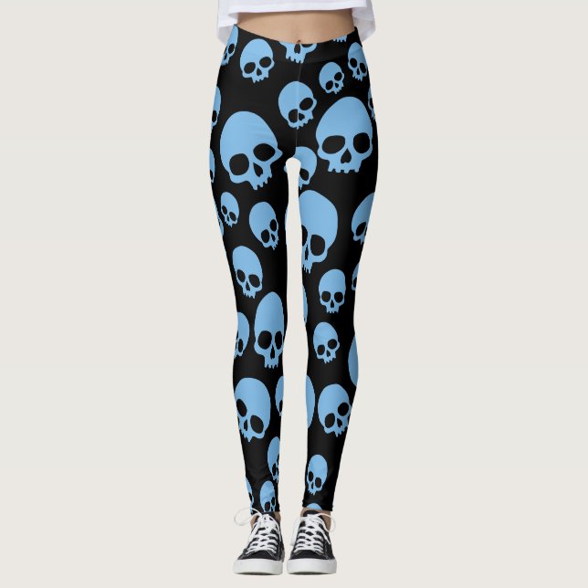 Random Skull Mönster Blue Black Leggings (Framsida)