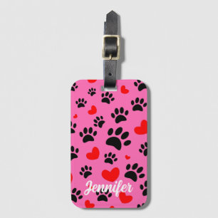 Random Tecknad hund Tass avtryck och Red Hearts Bagagebricka