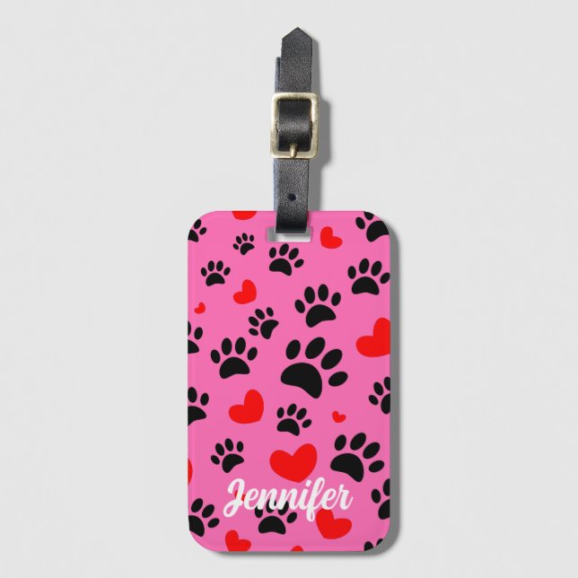 Random Tecknad hund Tass avtryck och Red Hearts Bagagebricka (Framsida vertikal)