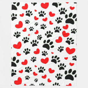 Random Tecknad hund Tass avtryck och Red Hearts Fleecefilt
