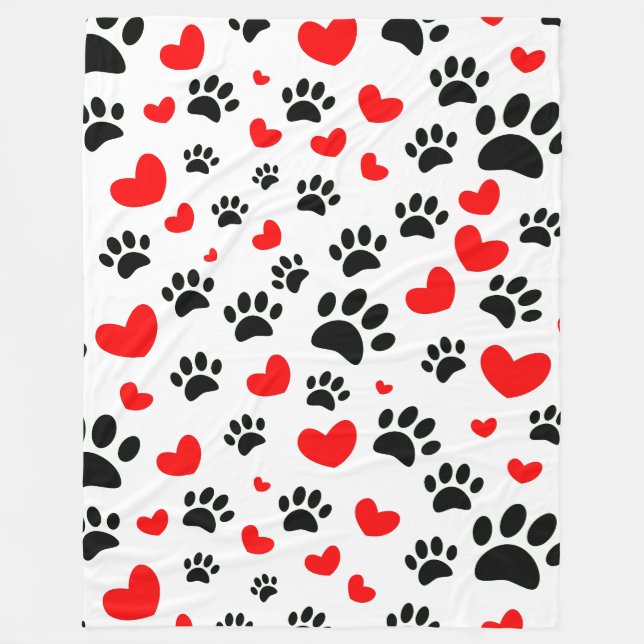 Random Tecknad hund Tass avtryck och Red Hearts Fleecefilt (Framsidan)