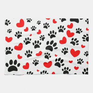 Random Tecknad hund Tass avtryck och Red Hearts Kökshandduk