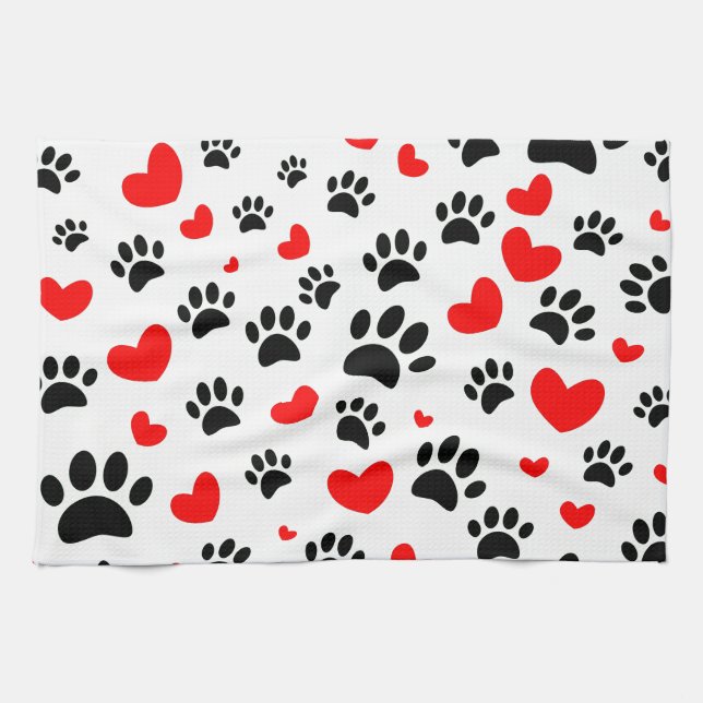 Random Tecknad hund Tass avtryck och Red Hearts Kökshandduk (Horisontell)