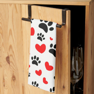 Random Tecknad hund Tass avtryck och Red Hearts Kökshandduk