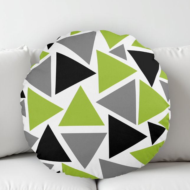Random Triangles Lime Green Grått Black Geometric Rund Kudde (Skapare uppladdad)