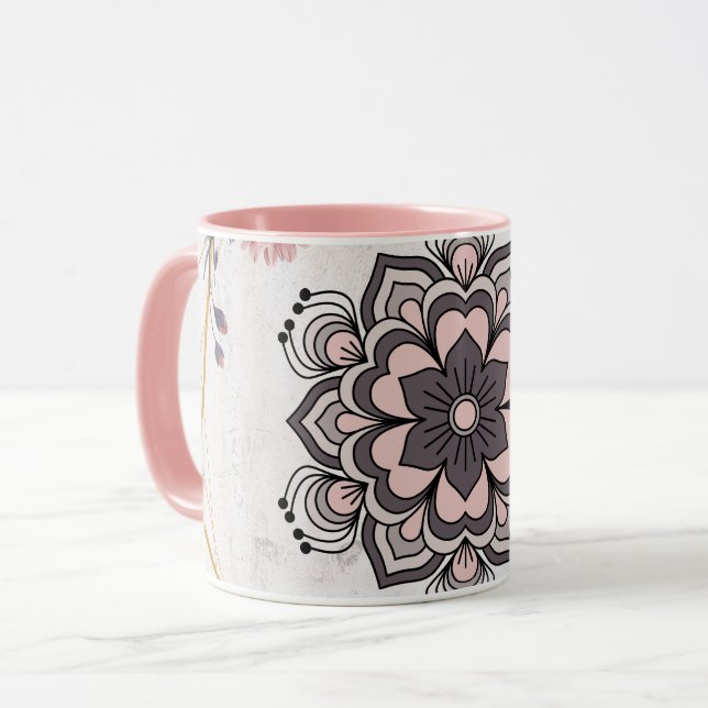 Rangoli Blommigt Art, Rosa och Grått Calming Harmo Mugg (Framsida vänster)