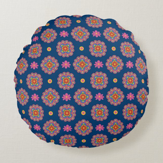 Rangoli, Blommor, Polka dots, blå runda fyllning Rund Kudde (Framsidan)