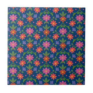 Rangoli blommor, polka dots på keramiska blått kakelplatta