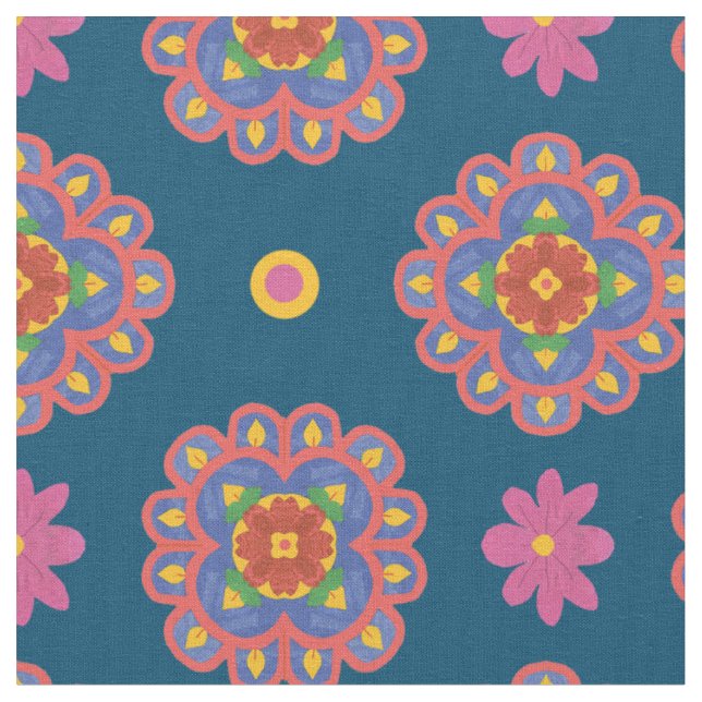 Rangoli-blommor, prickar på blå anpassad tyg (Närbild)