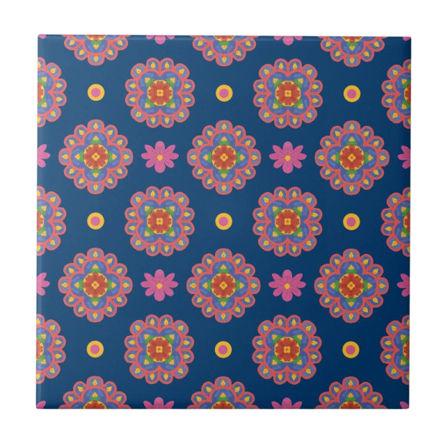 Rangoli, Flowers and Polka dots, Blue Ceramic Tile Kakelplatta (Framsidan)