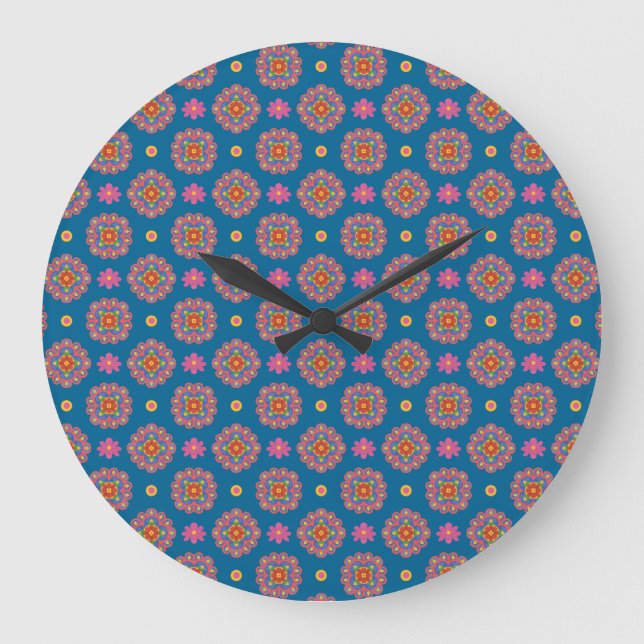 Rangoli Flowers och Polka dots på Blue Wall Clock Stor Klocka (Framsida)