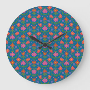 Rangoli Flowers Polka Dot Blue Round Wall Clock Stor Klocka