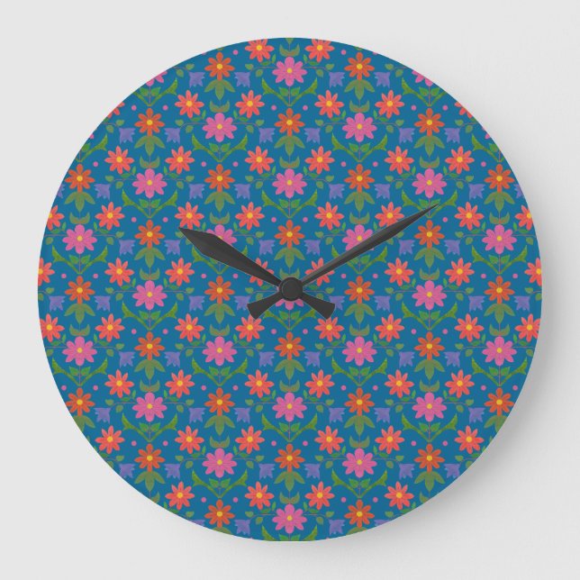 Rangoli Flowers Polka Dot Blue Round Wall Clock Stor Klocka (Framsida)