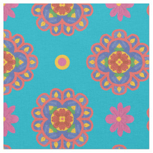 Rangoli Flowers, Polka dots på Turquoiose Fabric Tyg