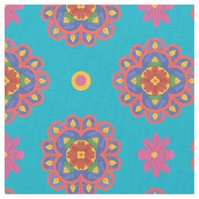 Rangoli Flowers, Polka dots på Turquoiose Fabric Tyg (Närbild)