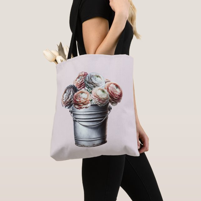 Ranunculus i plåt hink Rustik Glam Rosa Tygkasse (Närbild)