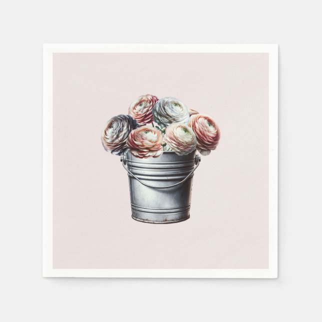Ranunculus i plåtburk Rustik Glamour Rosa Bröllop Pappersservett (Framsidan)