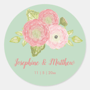 Ranunculus Mint Blommigt Wedding Stickers Runt Klistermärke