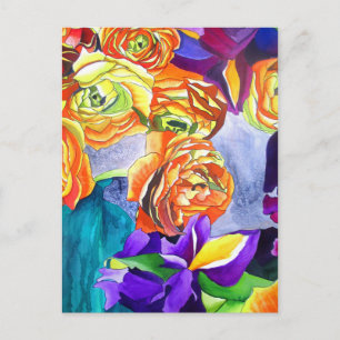 Ranunculus och Iris vattenfärgsart Vykort