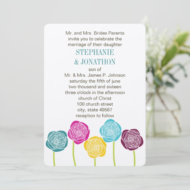 Ranunculus Ro Teal Violet Rosa Gult Bröllop Inbjudningar (Stående Fram)