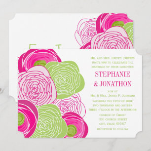 Ranunculus Ros Lime Fuchsia Modern Bröllopsinbjuda Inbjudningar