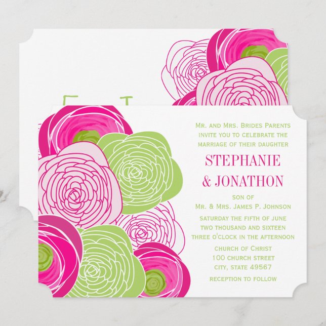 Ranunculus Ros Lime Fuchsia Modern Bröllopsinbjuda Inbjudningar (Fram/baksida)